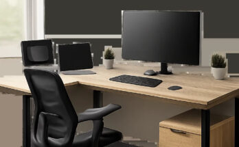 Un bureau en L moderne installé dans un angle, illustrant une organisation claire et un confort de travail durable. L’image met en avant un poste premium, fonctionnel et adapté au télétravail comme à un usage professionnel.