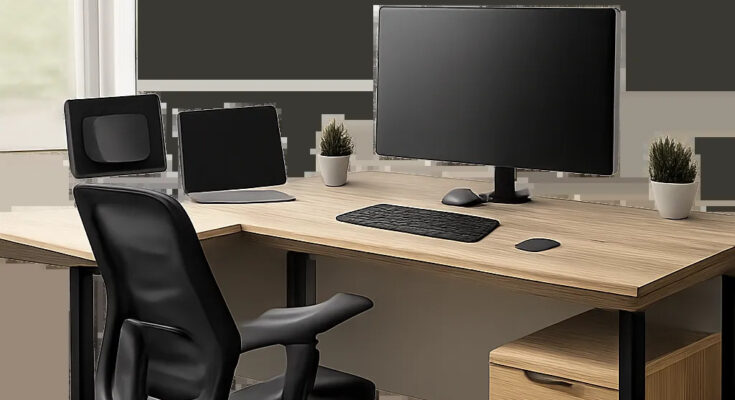 Un bureau en L moderne installé dans un angle, illustrant une organisation claire et un confort de travail durable. L’image met en avant un poste premium, fonctionnel et adapté au télétravail comme à un usage professionnel.